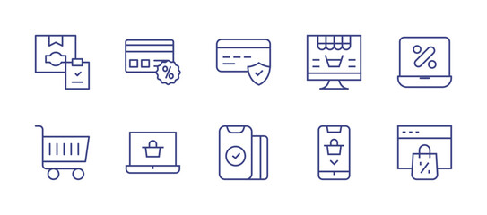 E-commerce line icon set. Editable stroke. Vector illustration. Containing logistics, credit card, online payment, online shopping, online discount, shopping cart.