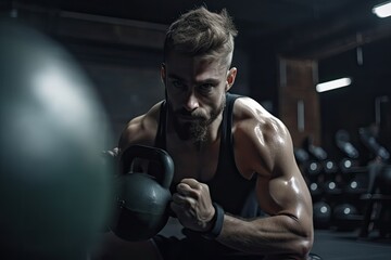 Photo of a strong determined fit man training and exercising in a gym alone with kettle bells. High quality generative AI