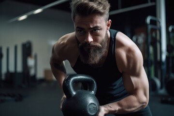 Fototapeta na wymiar Photo of a strong determined fit man training and exercising in a gym alone with kettle bells. High quality generative AI