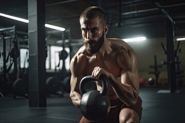 Fototapeta na wymiar Photo of a strong determined fit man training and exercising in a gym alone with kettle bells. High quality generative AI