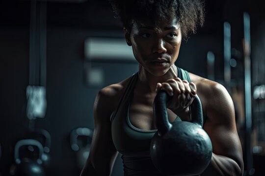 Photo of a strong determined African American black woman training and exercising in a gym alone with kettle bells. High quality generative AI