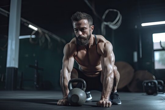 Photo of a strong determined fit man training and exercising in a gym alone with kettle bells. High quality generative AI
