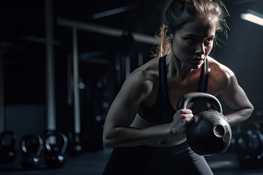 Photo of a strong determined caucasian woman training and exercising in a gym alone with kettle bells. High quality generative AI