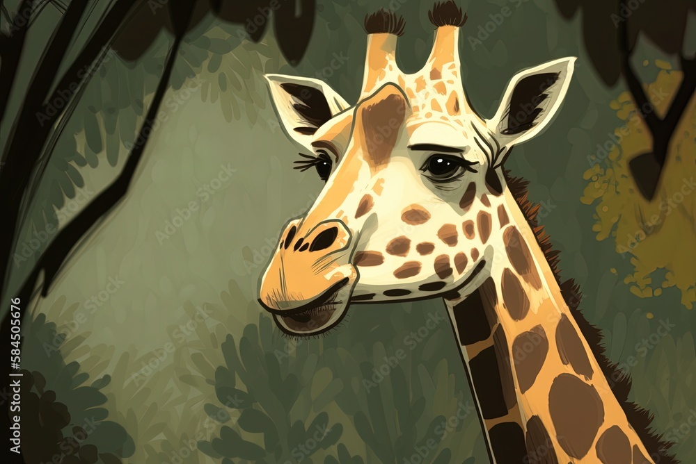 Poster close-up of a giraffe in shallow focus, with trees in the background. generative ai