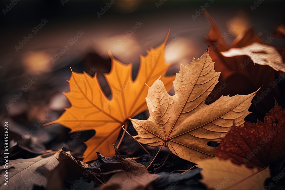 Poster macro photograph of maple leaves in selective focus as they fall to the ground generative ai