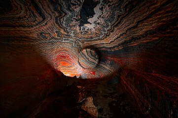 Red and orange patterns on ceiling of sylvinite salt quarry