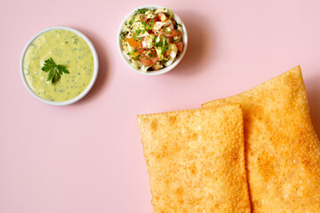Pastel, Brazilian snack, Traditional Brazilian pastry, pink background