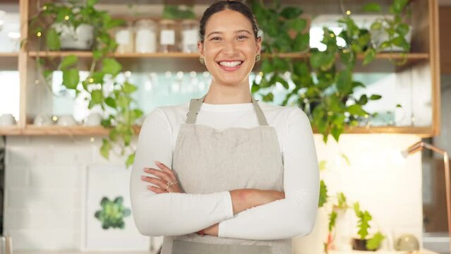 Cafe face of woman or small business owner with startup success, restaurant goals and barista services. Proud manager, happy entrepreneur or young person in coffee shop portrait with a welcome smile