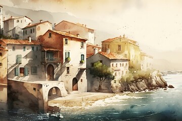 city watercolor painting created using AI Generative Technology