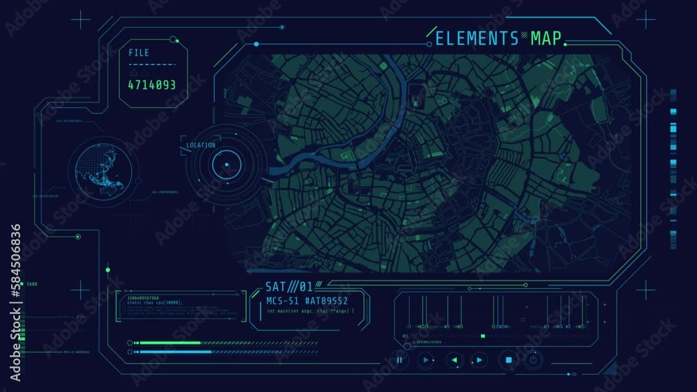Poster interface with a city map in hud style.
