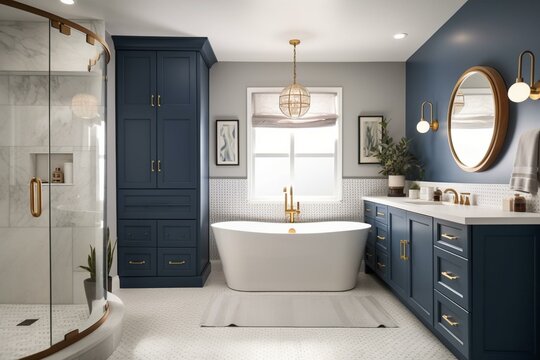 A beautiful bathroom with a blue vanity cabinet, standalone bathtub and shower, and gold faucets. Generative AI