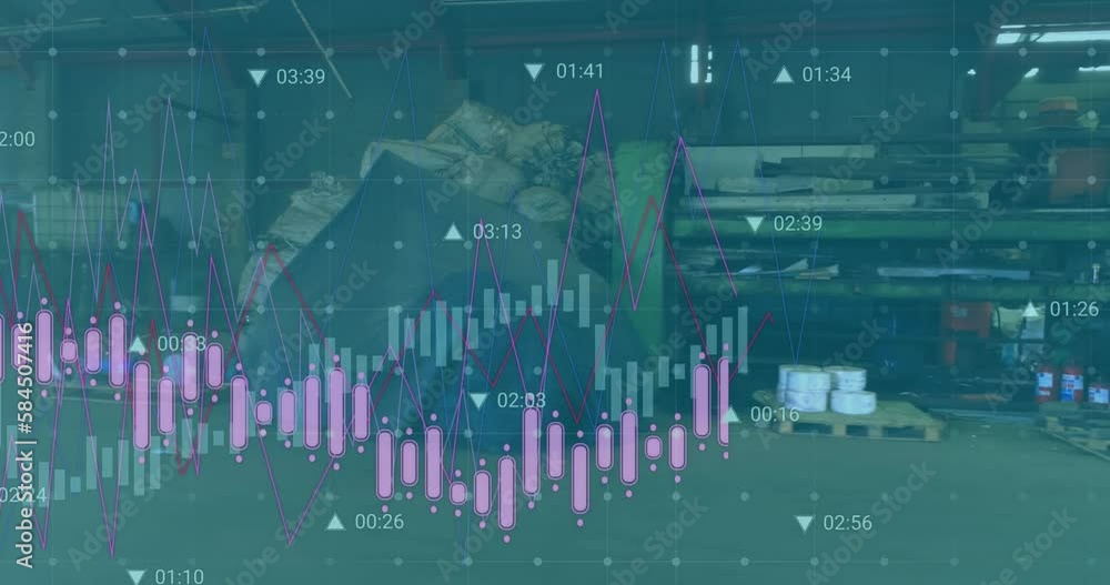 Poster animation of multiple graphs and numbers moving over abandoned factory with scrap and garbage