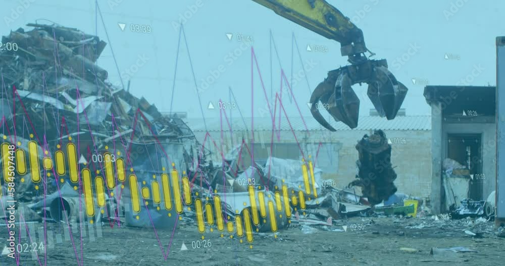 Poster animation of data processing over machines segregating waste at rubbish dump