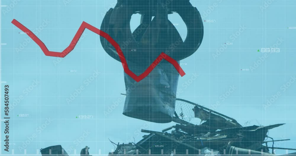Poster animation of red line graphs moving over crane lifting garbage bag against sky at junkyard