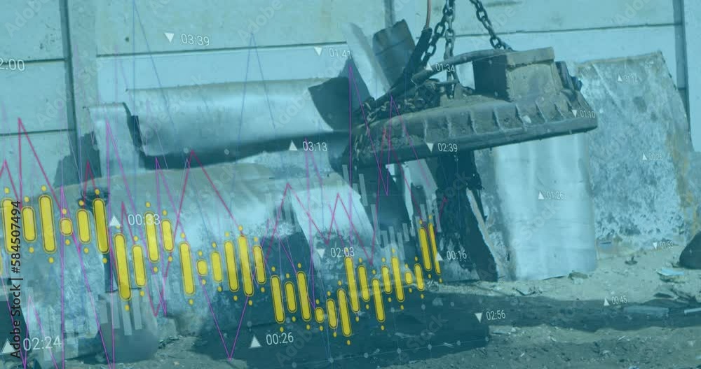 Poster animation of multiple graphs moving over magnetic crane against wall at garbage dump