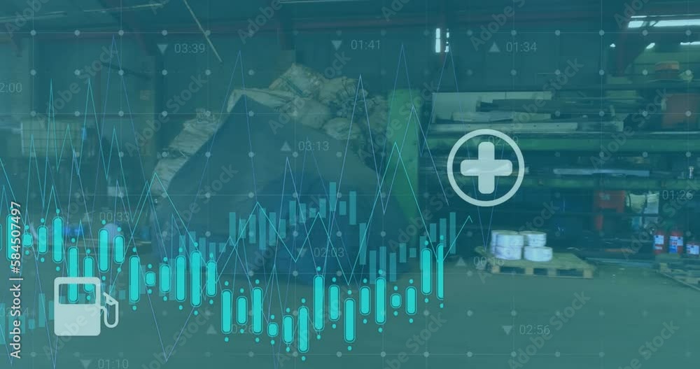 Poster animation of multiple graphs and sustainable symbols over scrap machinery and garbage in factory