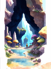 watercolor, Cavern System, a network of underground caves with geological formations generative ai