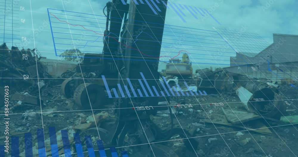 Poster animation of multiple graphs on grid over compactor and crane at junkyard