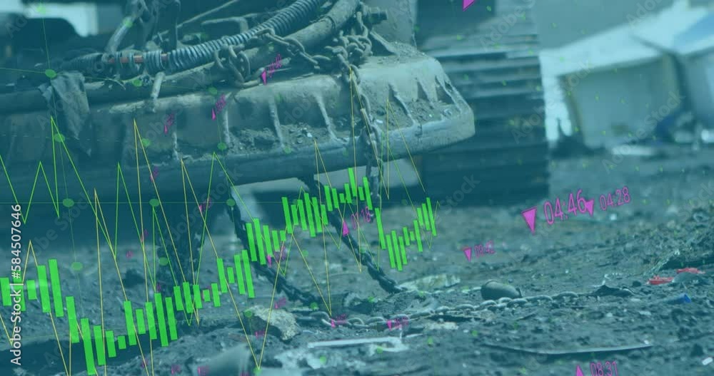 Poster animation of data processing over machines segregating waste at rubbish dump