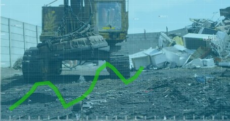 Animation of green line graph over magnetic crane at junkyard - Powered by Adobe