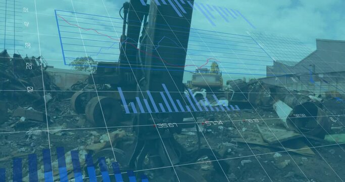 Animation of multiple graphs on grid over compactor and crane at junkyard