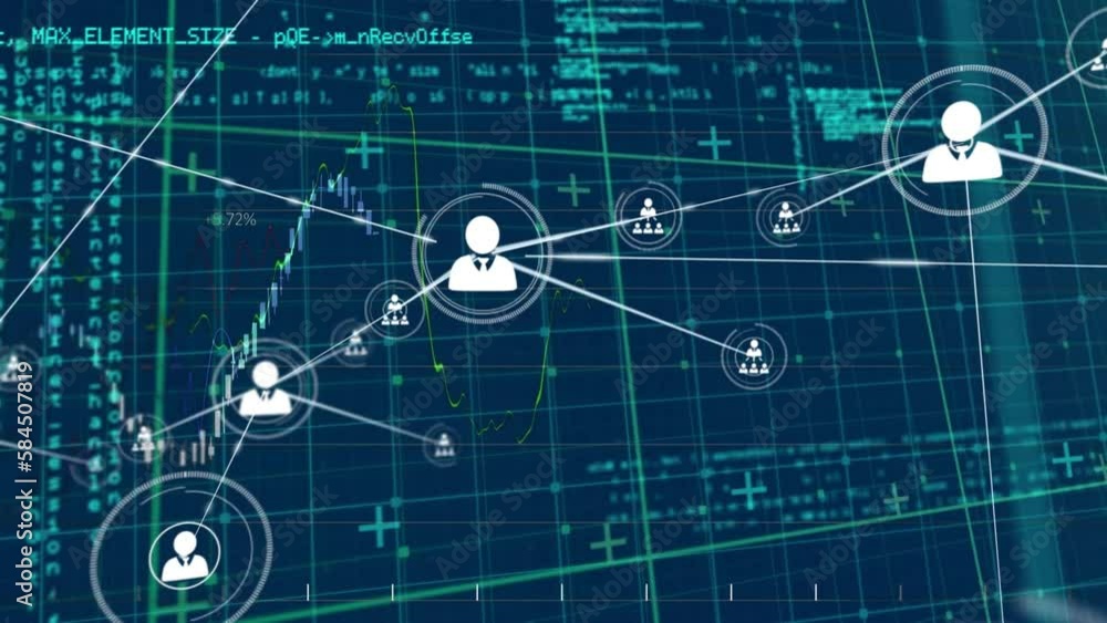 Poster animation of network of connections with icons over data processing on blue background