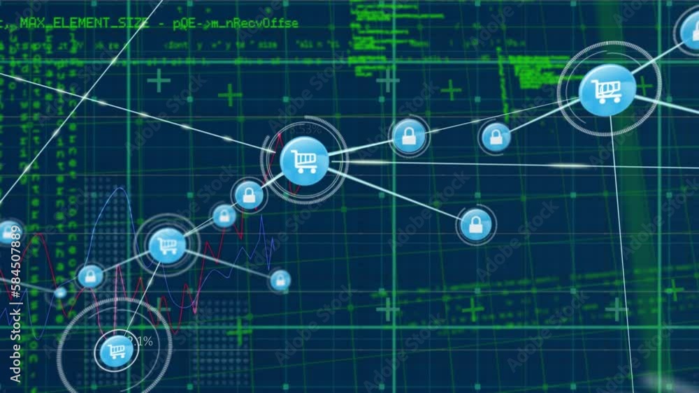 Poster animation of network of connections with icons over data processing on blue background