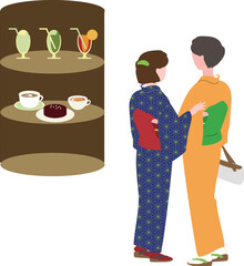 喫茶店の前の着物姿の母娘のベクターイラスト
