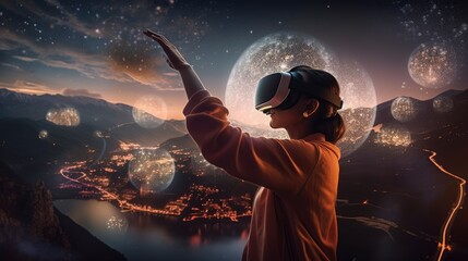 Fototapeta na wymiar Immersed in a Virtual Reality World Girl Wearing VR Headset and Exploring Artificial Environments, network link connection, hands in the air, generative ai