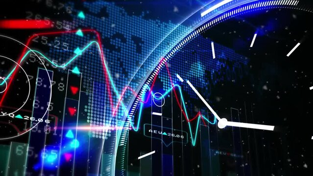 Animation of data processing and stock market over clock and world map on black background