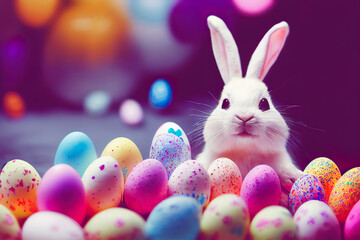Cute white Easter bunny with many colorful Easter eggs. Generative IA