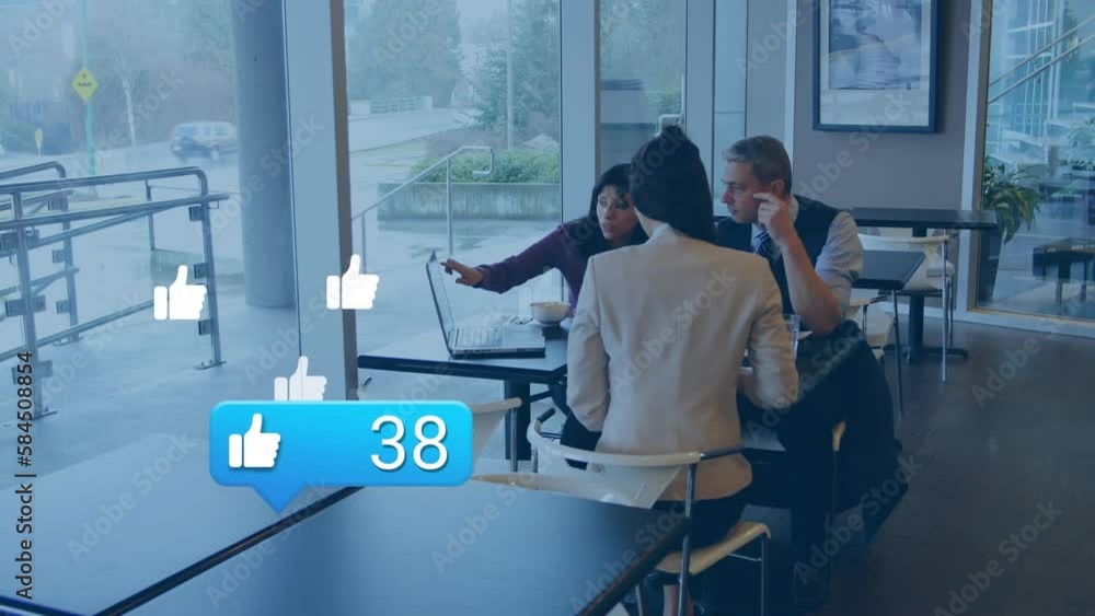 Poster animation of like icon with increasing numbers over diverse colleagues discussing in cafe at office