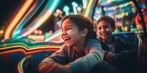 Fotobehang A boy and girl on a ride at the amusement park at night by generative AI © Gary