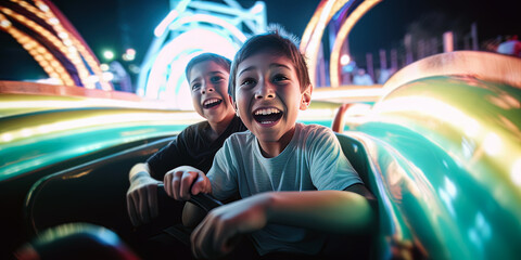 Two boys on a ride at the amusement park at night by generative AI