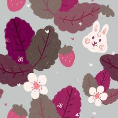 Strawberry Easter Bunny Cute Seamless Pattern