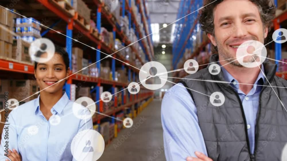 Poster animation of network of profile icons over team of diverse supervisors smiling at warehouse