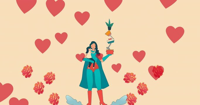 Animation of superhero mother with daughter and heart icons over flowers on beige background