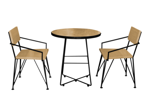 Set of modern wooden table with steel legs and chair