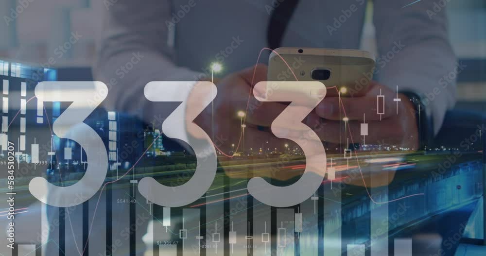 Poster animation of statistical data processing over mid section of businessman using smartphone