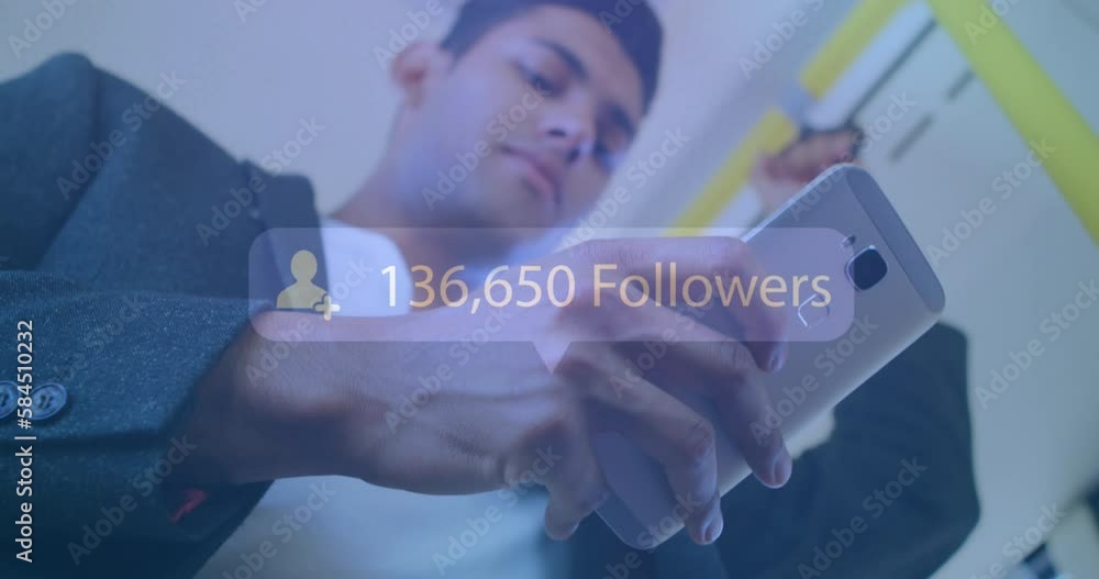 Poster animation of increasing followers on a speech bubble over biracial man using a smartphone in a bus