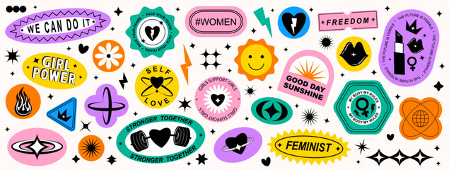Set Collection of elements patches, labels, tags, stickers, and stamps. Self-love, girl power, female, feminist, girls support girls. Vector set, trendy	 - obrazy, fototapety, plakaty