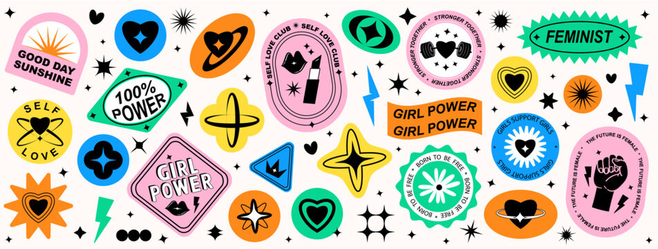 Set Collection of elements patches, labels, tags, stickers, and stamps. Self-love, girl power, female, feminist, girls support girls. Vector set, trendy	