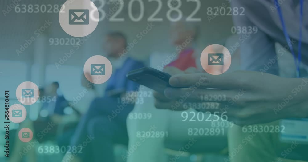 Poster Animation of changing numbers and message icons over mid section of a man using smartphone
