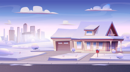 Snowy winter street in suburban town. Winter house and garages, empty road, silhouettes of city buildings on the background.