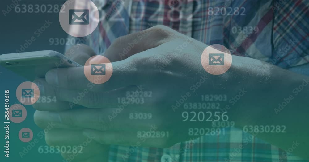 Poster animation of changing numbers and message icons against mid section of a man using smartphone