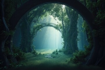 Obraz premium Archway in green forest that leads to another dimension. High quality Generative AI