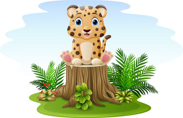Cartoon baby cheetah sitting on tree stump