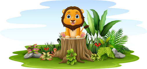 Cartoon little lion sitting on tree stump