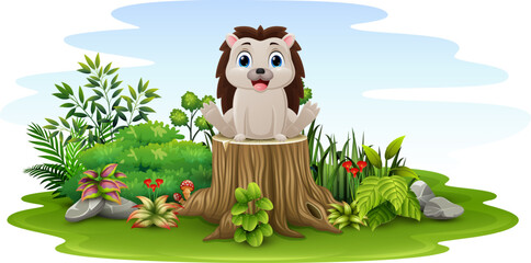 Cartoon baby hedgehog sitting on tree stump © dreamblack46