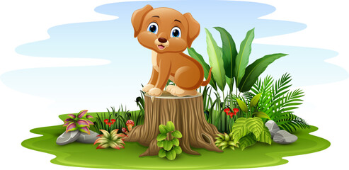 Cartoon little dog sitting on tree stump